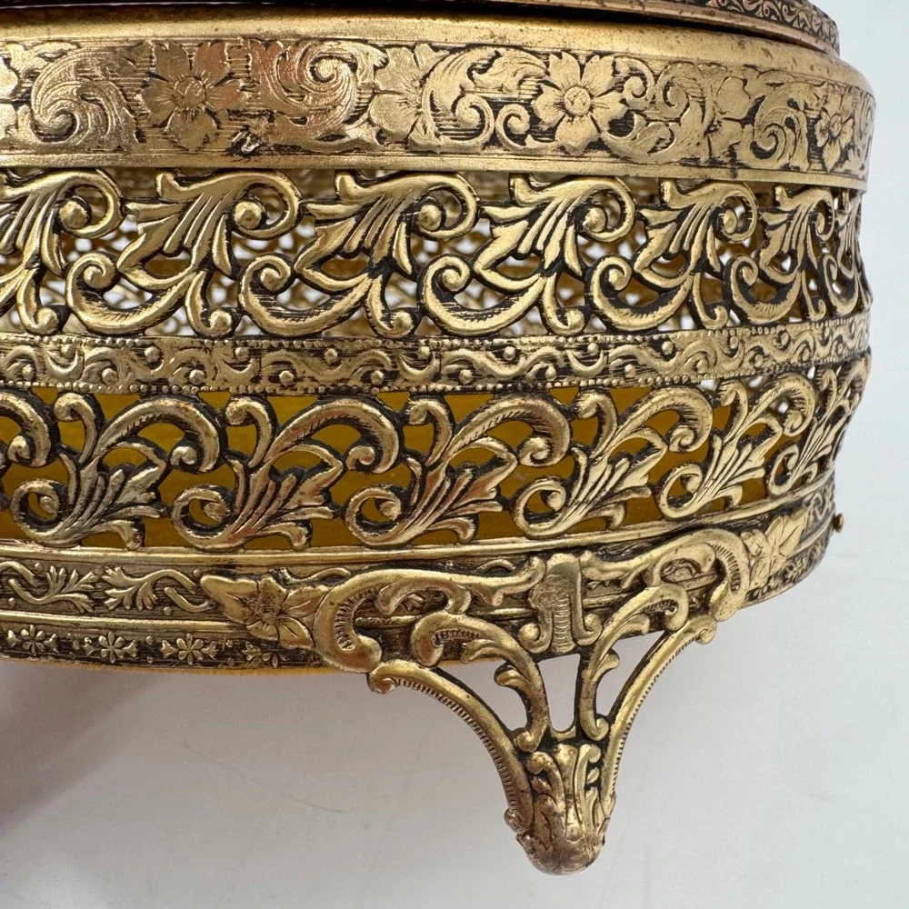 Vintage Ormolu Filigree Jewelry Casket Glass Vanity Box Hollywood Regency